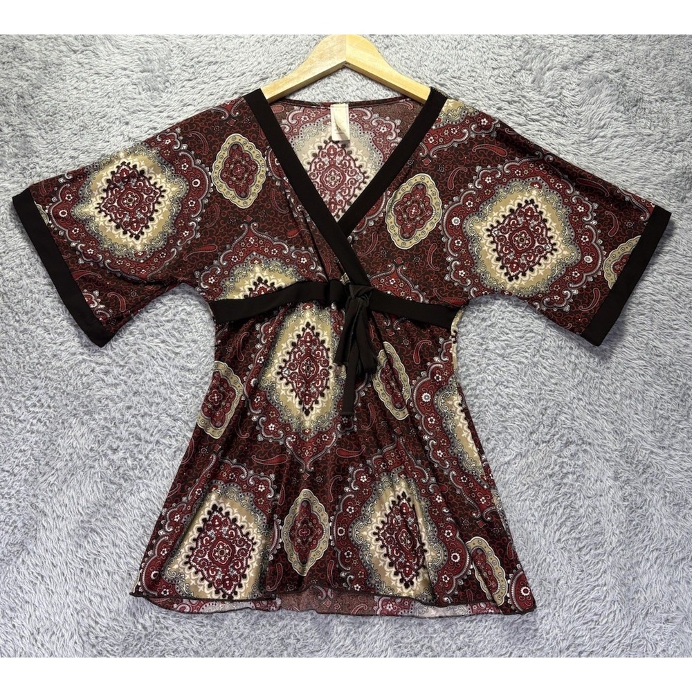 Y2K Vintage Babydoll Top Medium Burgundy Cottagecore V Neck Short‎ Slv Tie Retro - Picture 4 of 11